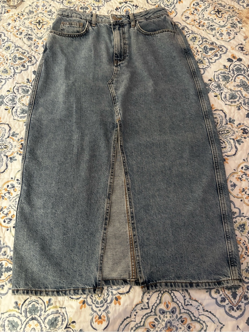 Mango Straight-Leg Denim Skirt in Washed Blue